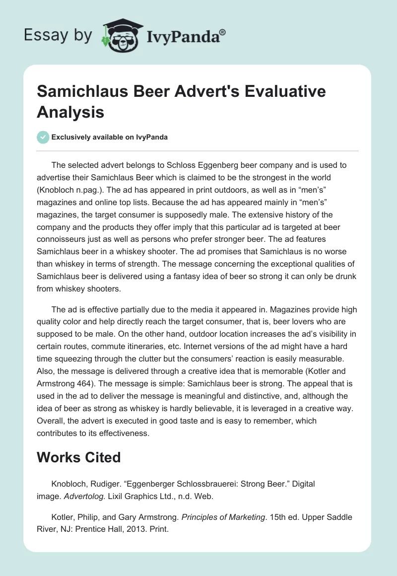 Samichlaus Beer Advert's Evaluative Analysis. Page 1
