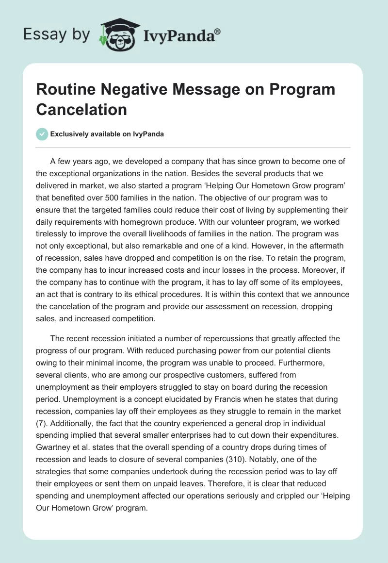 Routine Negative Message on Program Cancelation. Page 1