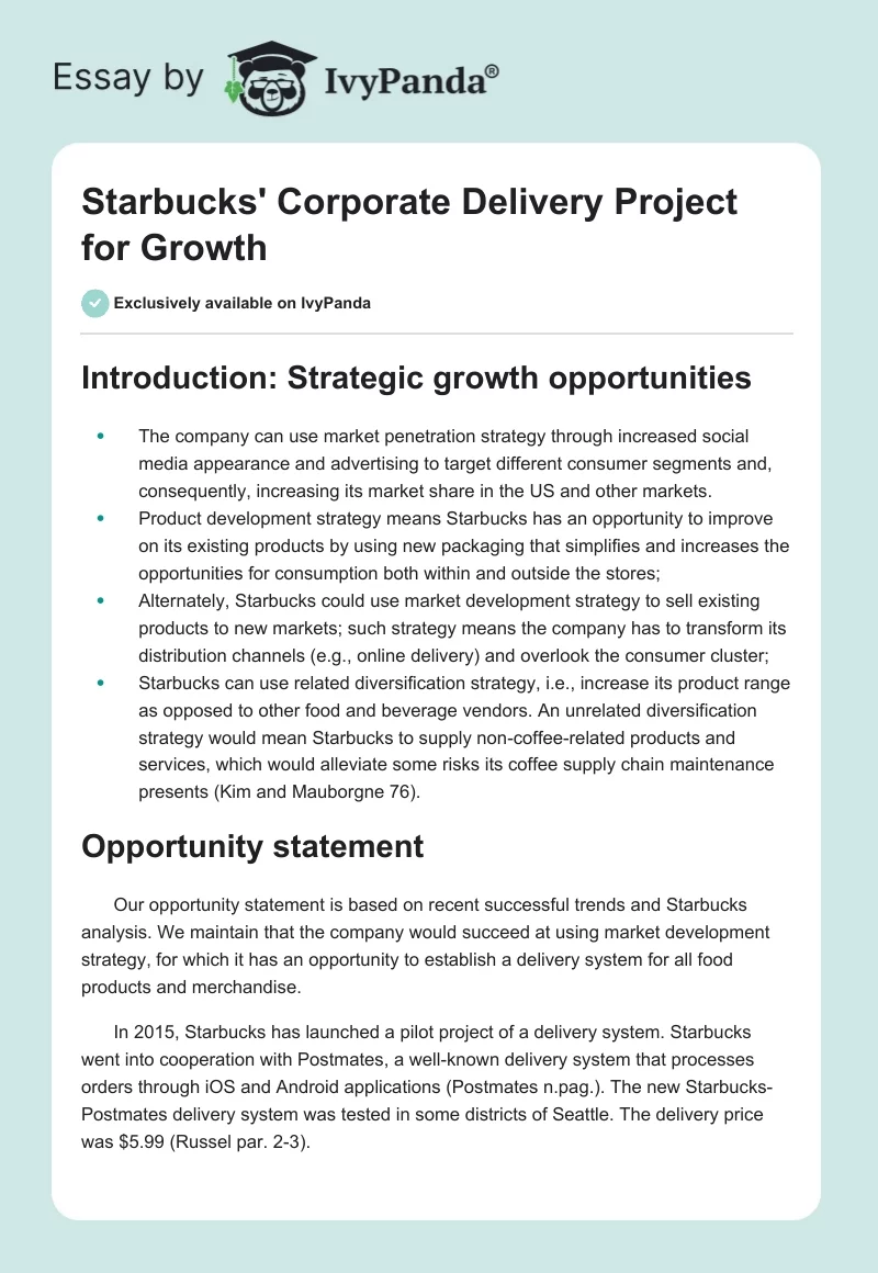Starbucks' Corporate Delivery Project for Growth. Page 1