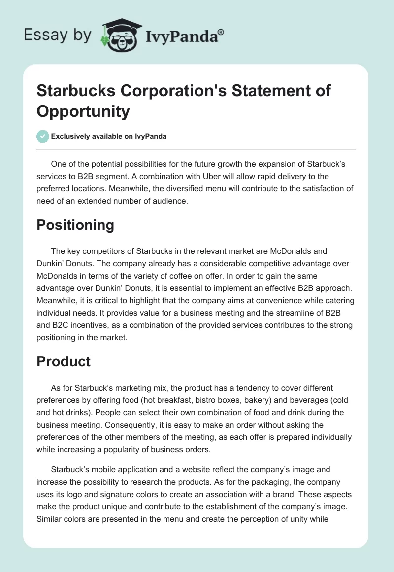 Starbucks Corporation's Statement of Opportunity. Page 1