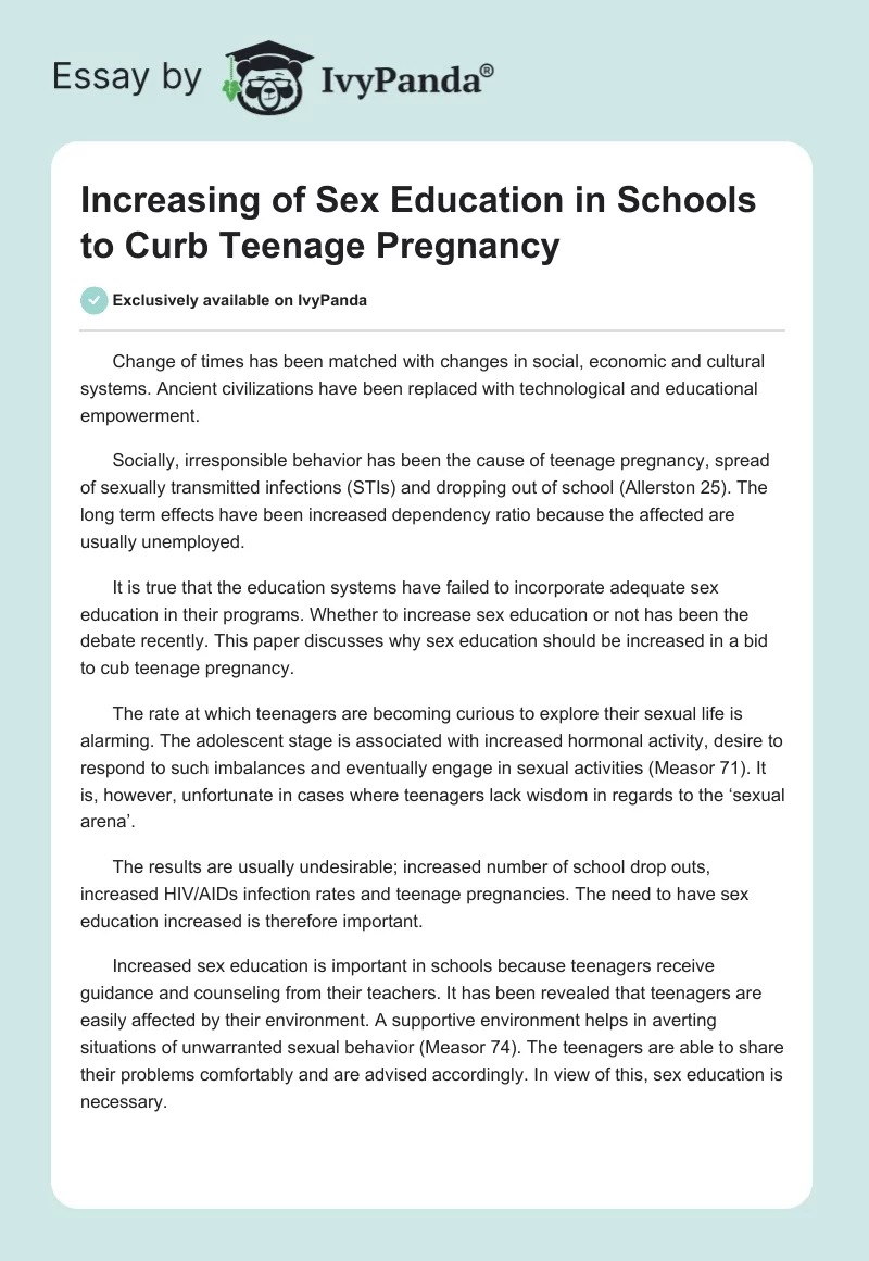Increasing of Sex Education in Schools to Curb Teenage Pregnancy. Page 1