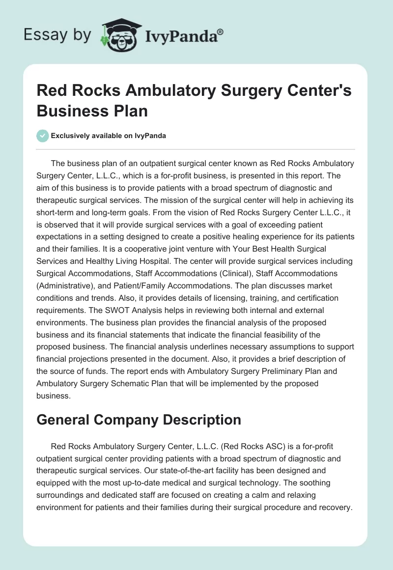 Red Rocks Ambulatory Surgery Center's Business Plan. Page 1