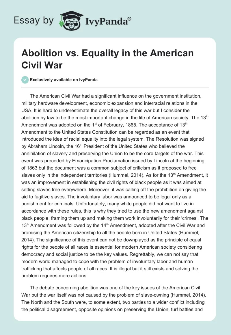 Abolition vs. Equality in the American Civil War. Page 1