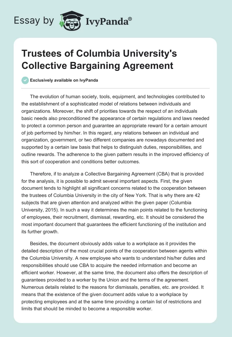 Trustees of Columbia University's Collective Bargaining Agreement. Page 1