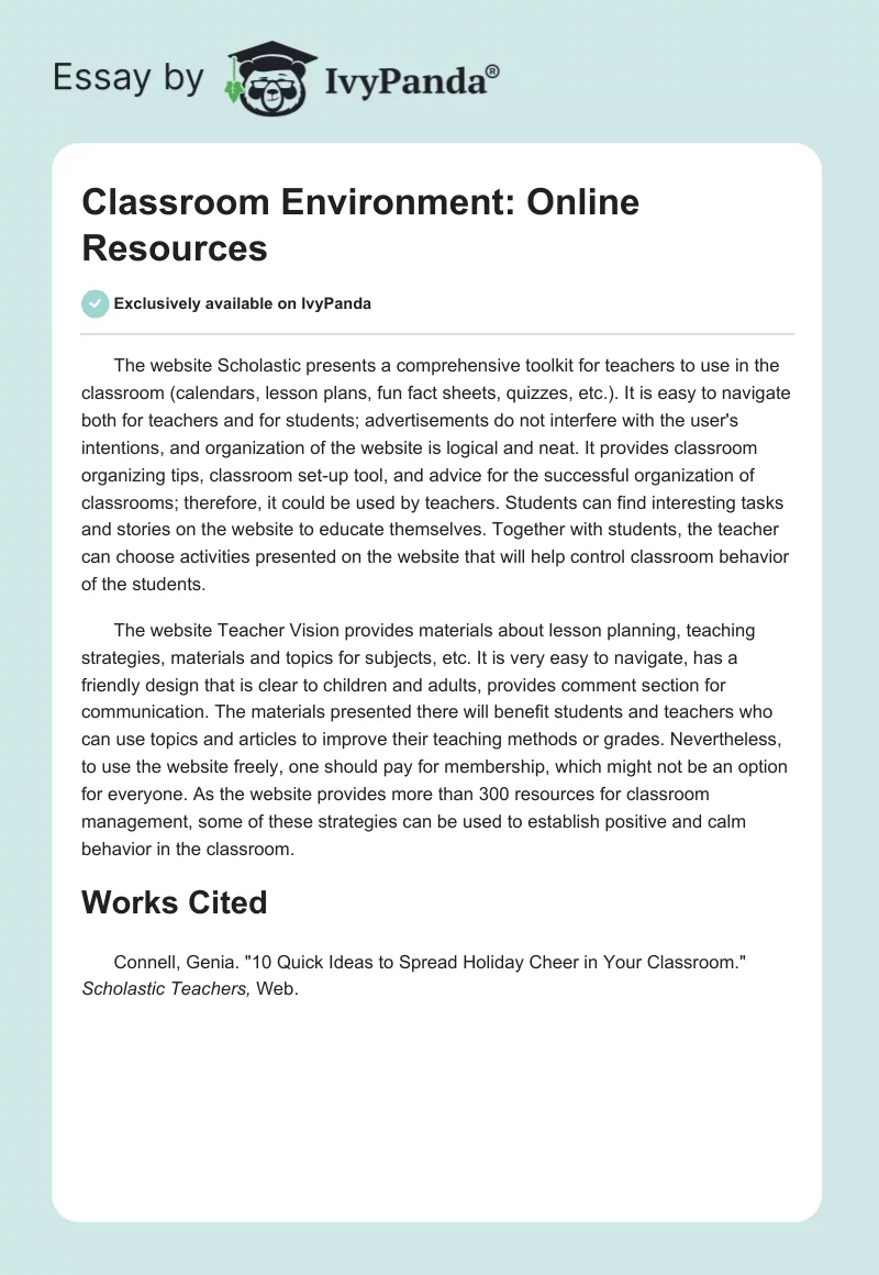 Classroom Environment: Online Resources. Page 1