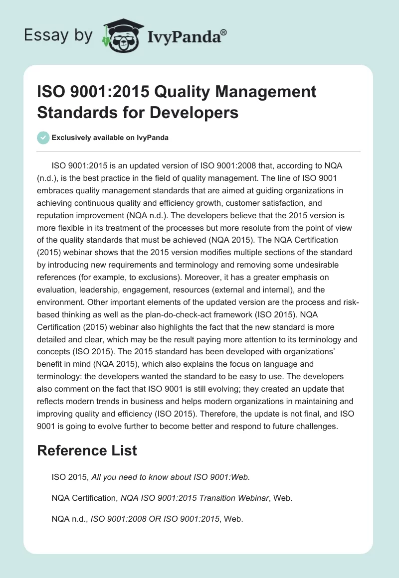 ISO 9001:2015 Quality Management Standards for Developers. Page 1