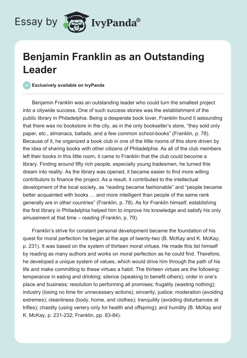 Benjamin Franklin as an Outstanding Leader. Page 1