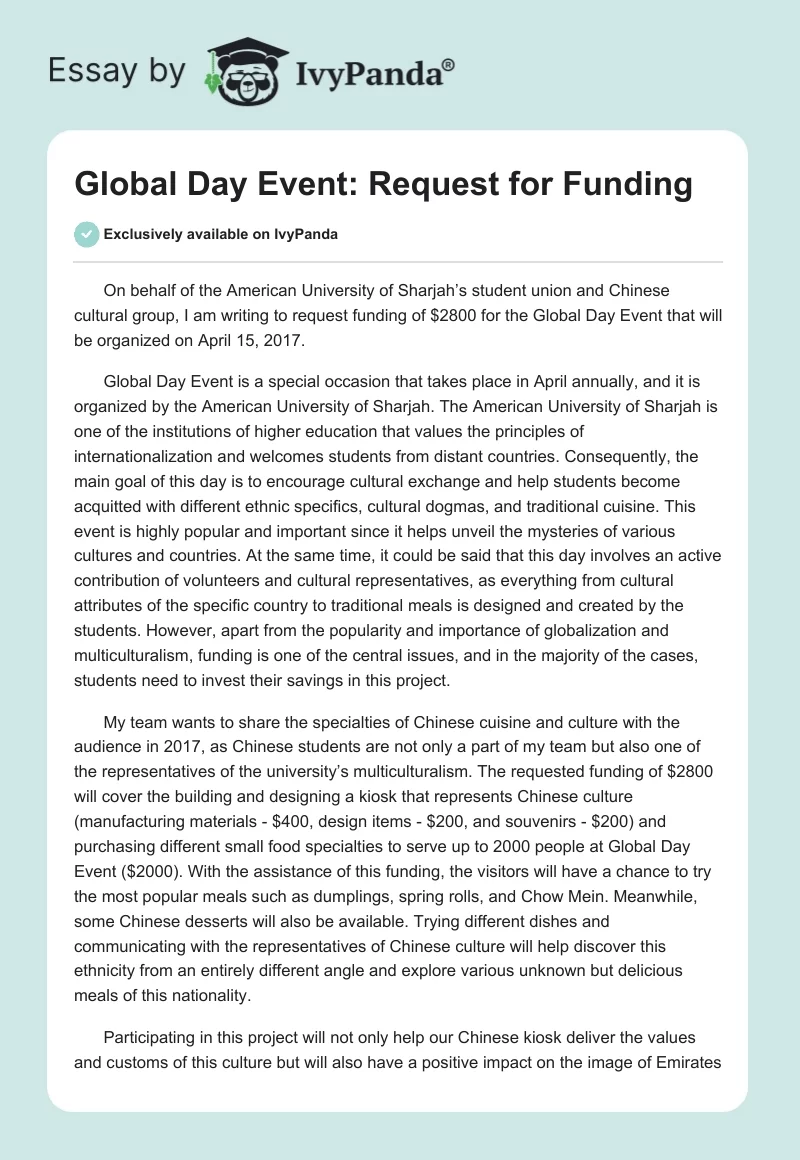 Global Day Event: Request for Funding. Page 1