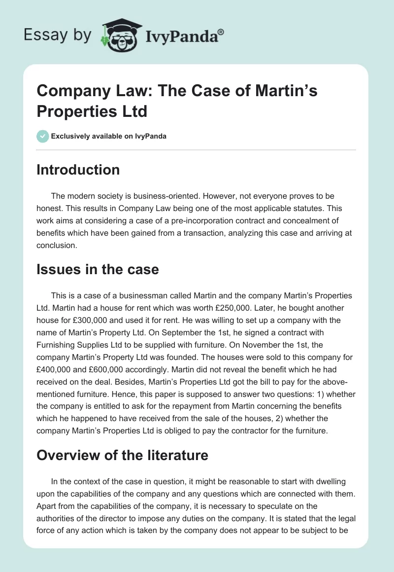 Company Law: The Case of Martin’s Properties Ltd. Page 1