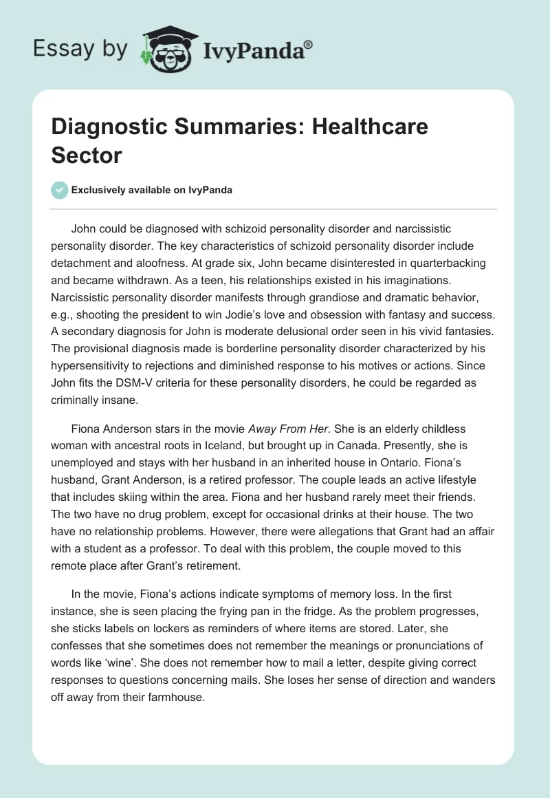 Diagnostic Summaries: Healthcare Sector. Page 1