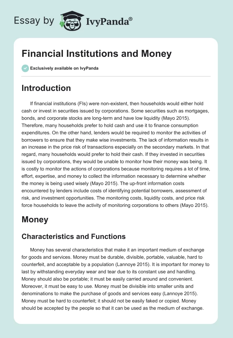 Financial Institutions and Money. Page 1