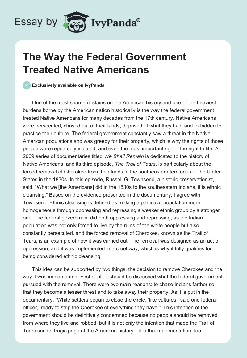 The Way the Federal Government Treated Native Americans. Page 1