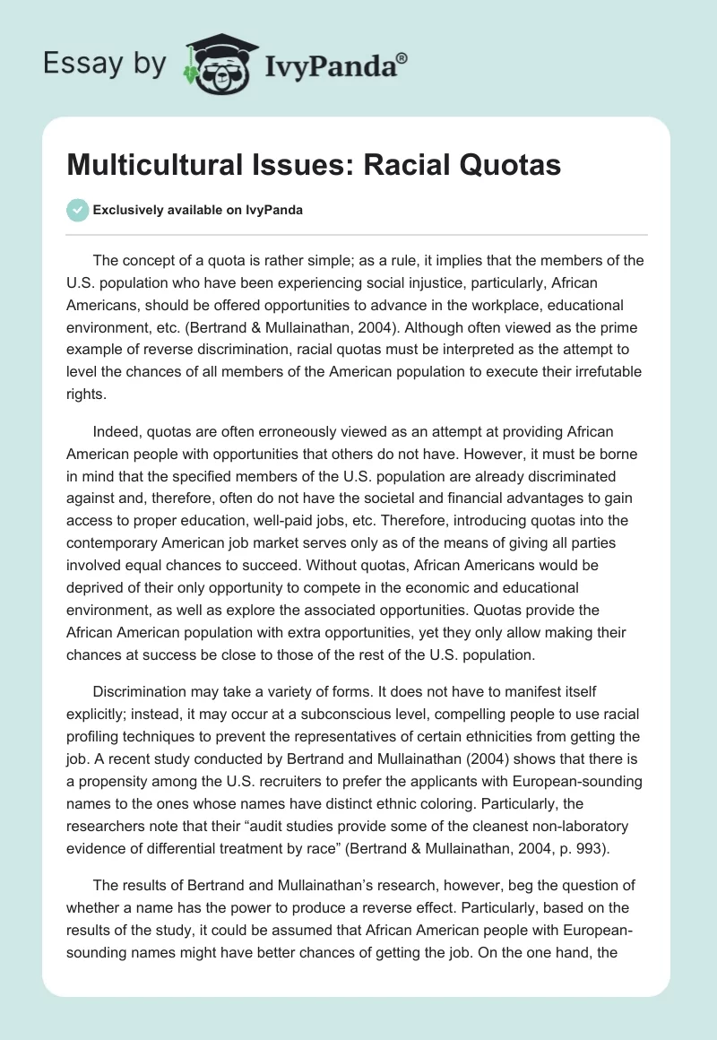 Multicultural Issues: Racial Quotas. Page 1