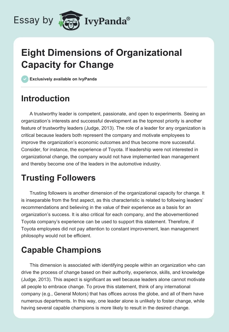 Eight Dimensions of Organizational Capacity for Change. Page 1