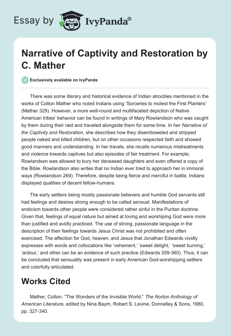 Narrative of Captivity and Restoration by C. Mather. Page 1