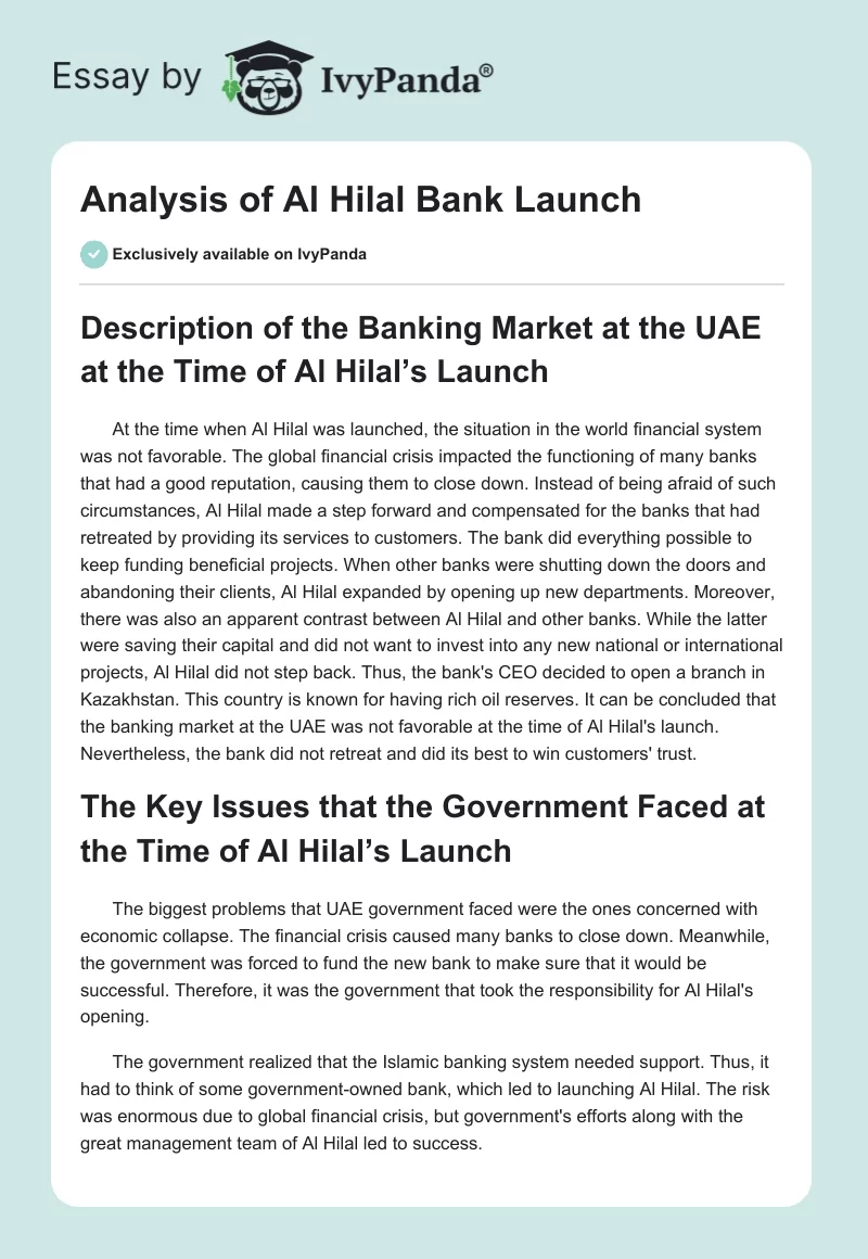 Analysis of Al Hilal Bank Launch. Page 1