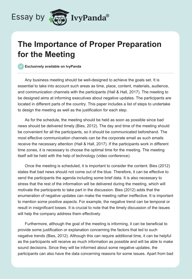 The Importance of Proper Preparation for the Meeting. Page 1