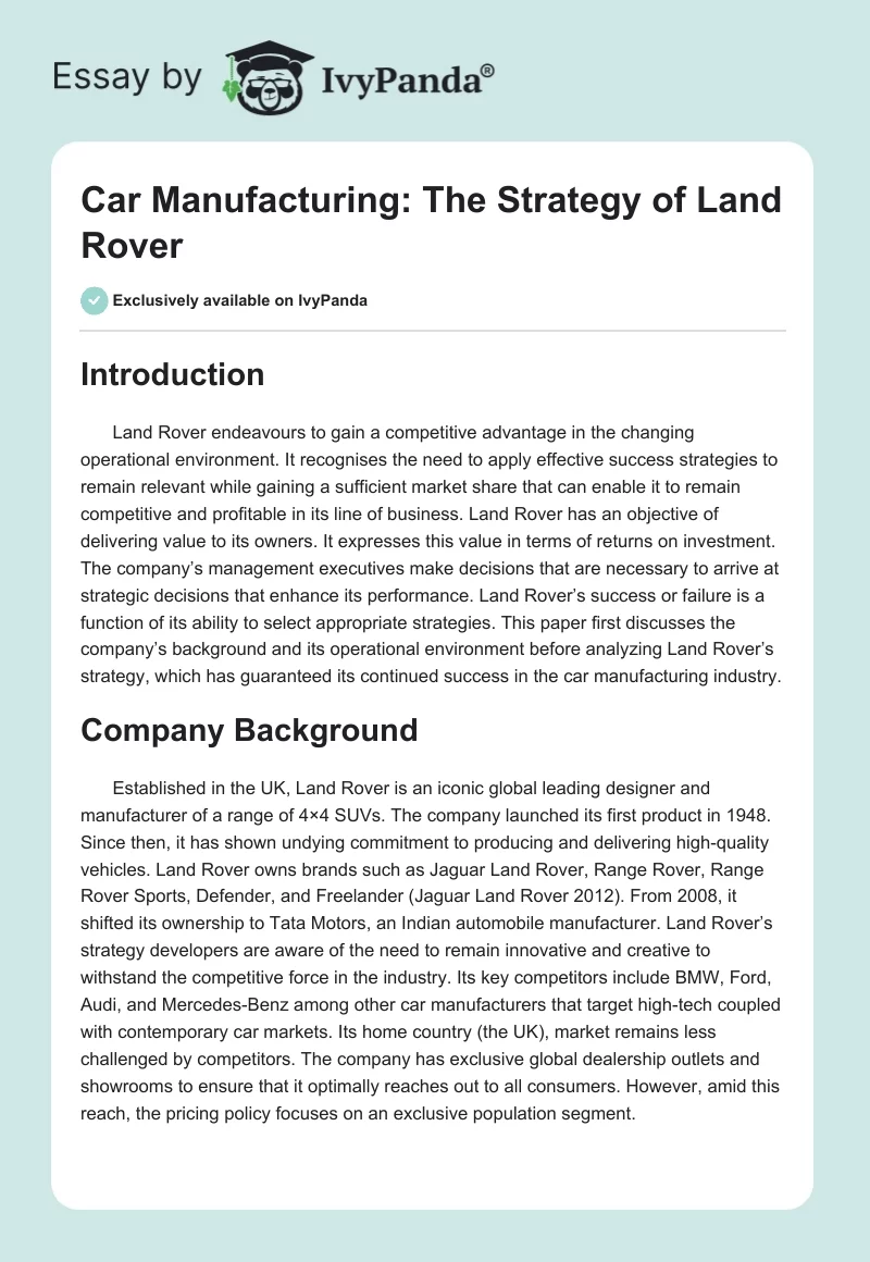 Car Manufacturing: The Strategy of Land Rover. Page 1