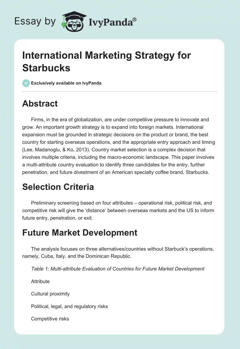 International Marketing Strategy for Starbucks. Page 1