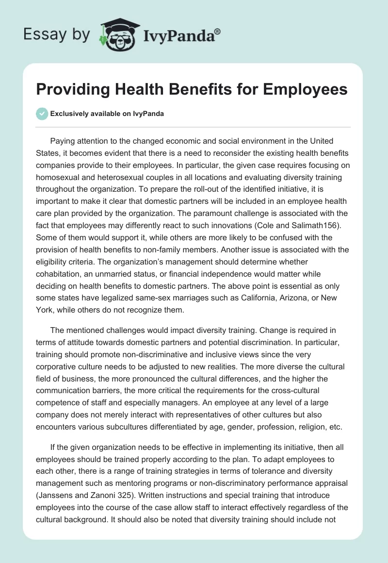 Providing Health Benefits for Employees. Page 1