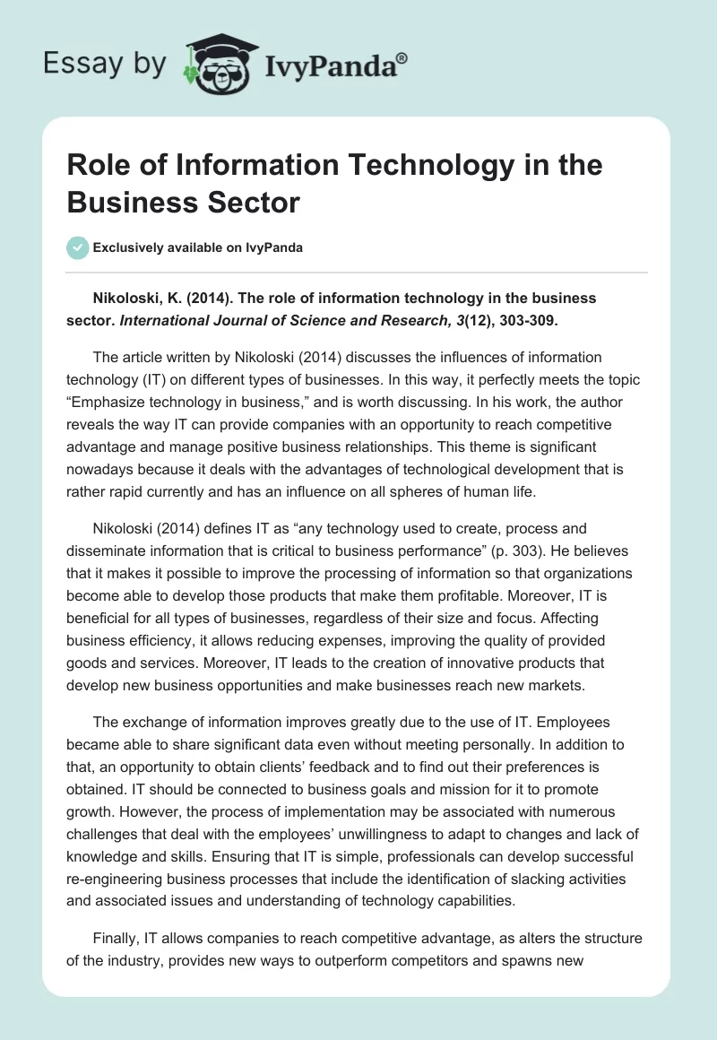 Role of Information Technology in the Business Sector. Page 1