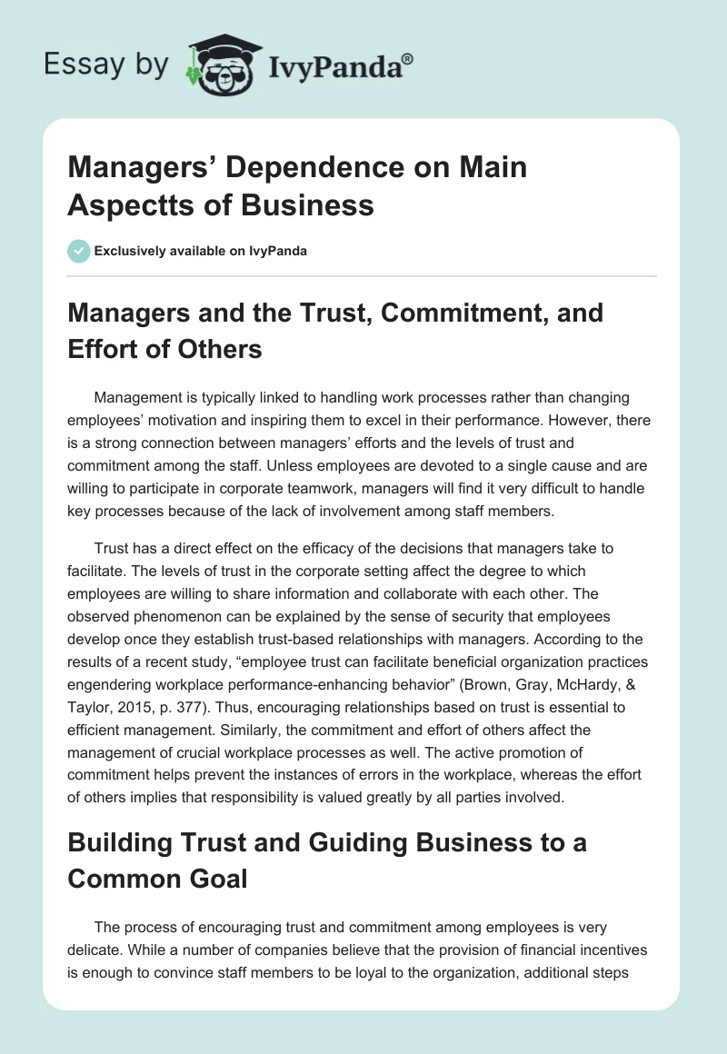 Managers’ Dependence on Main Aspectts of Business. Page 1