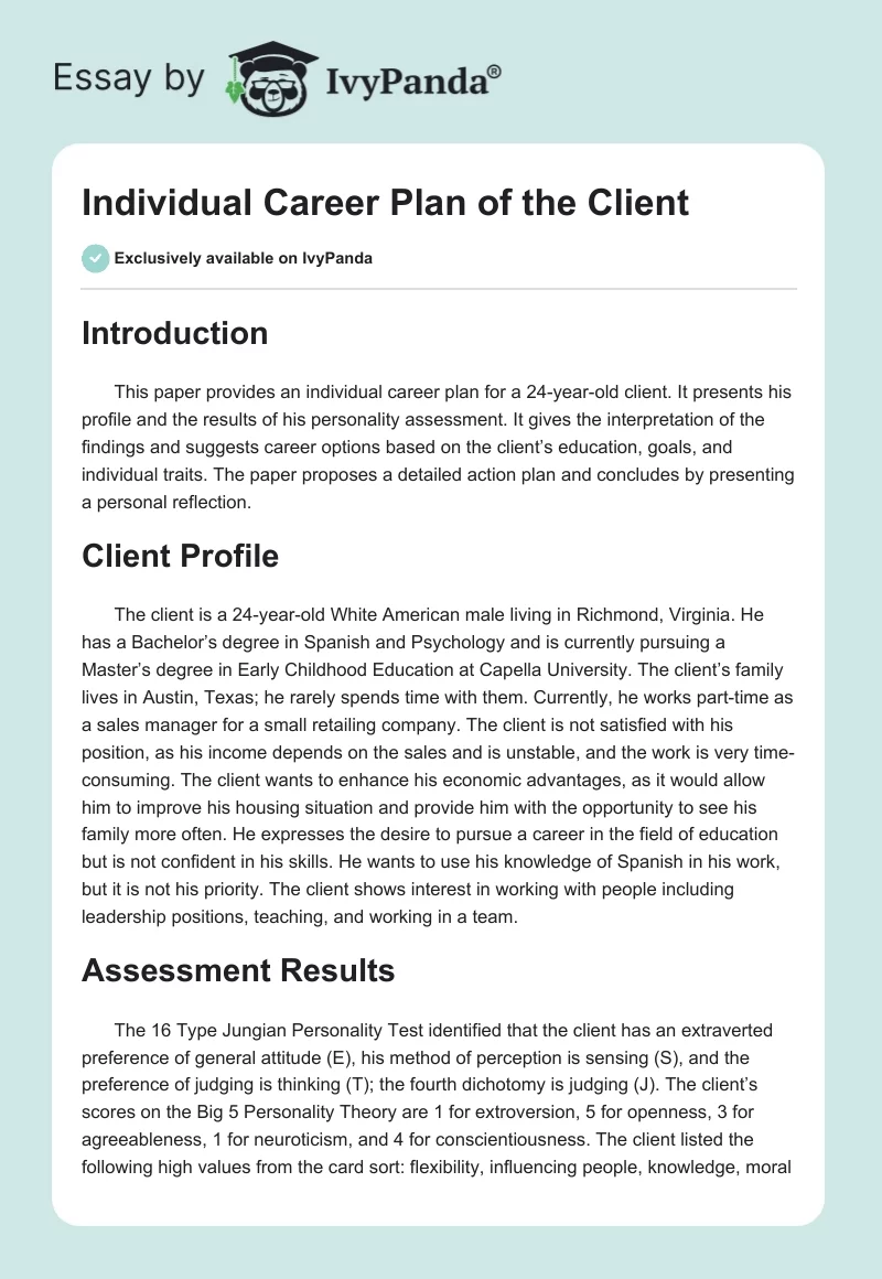 Individual Career Plan of the Client. Page 1