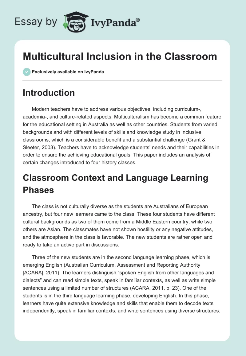 Multicultural Inclusion in the Classroom. Page 1