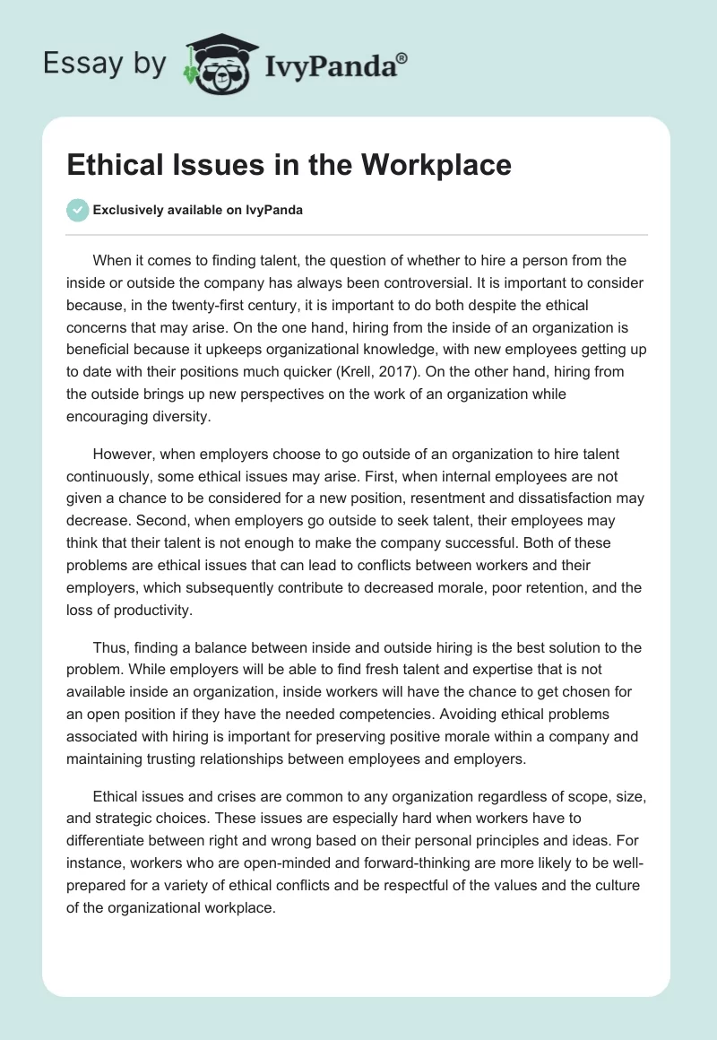 Ethical Issues in the Workplace. Page 1
