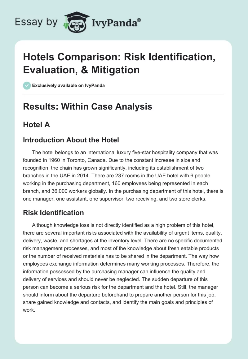 Hotels Comparison: Risk Identification, Evaluation, & Mitigation. Page 1