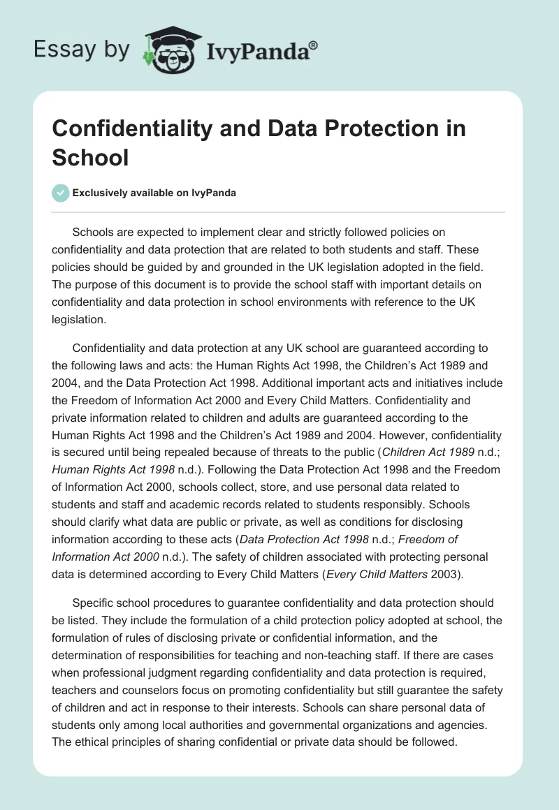 Confidentiality and Data Protection in School. Page 1