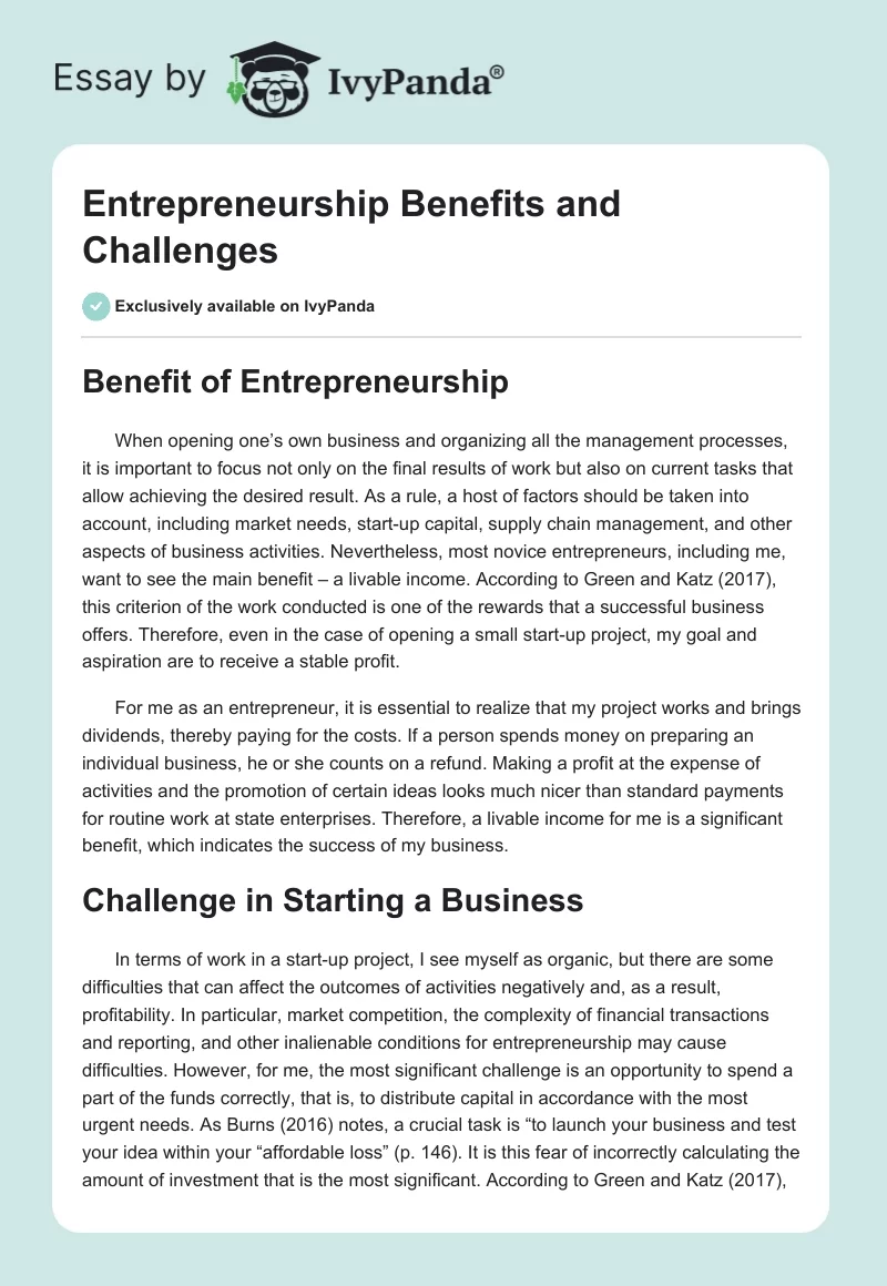 Entrepreneurship Benefits and Challenges. Page 1