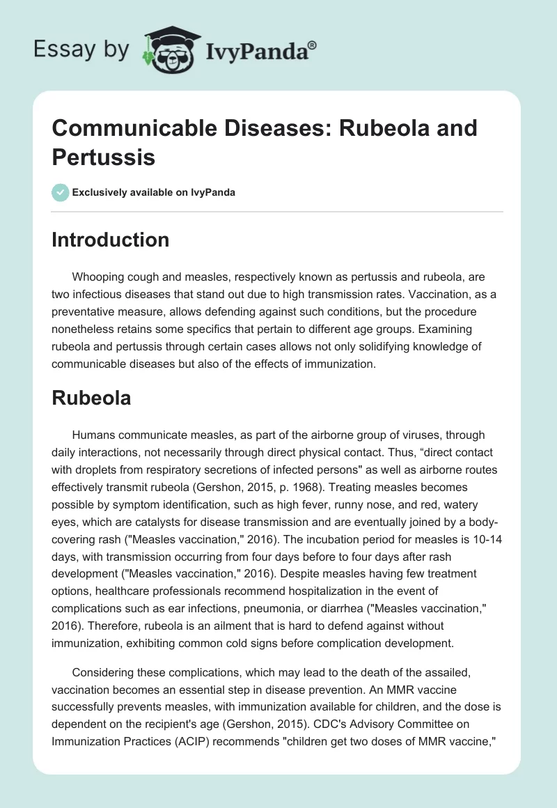 Communicable Diseases: Rubeola and Pertussis. Page 1