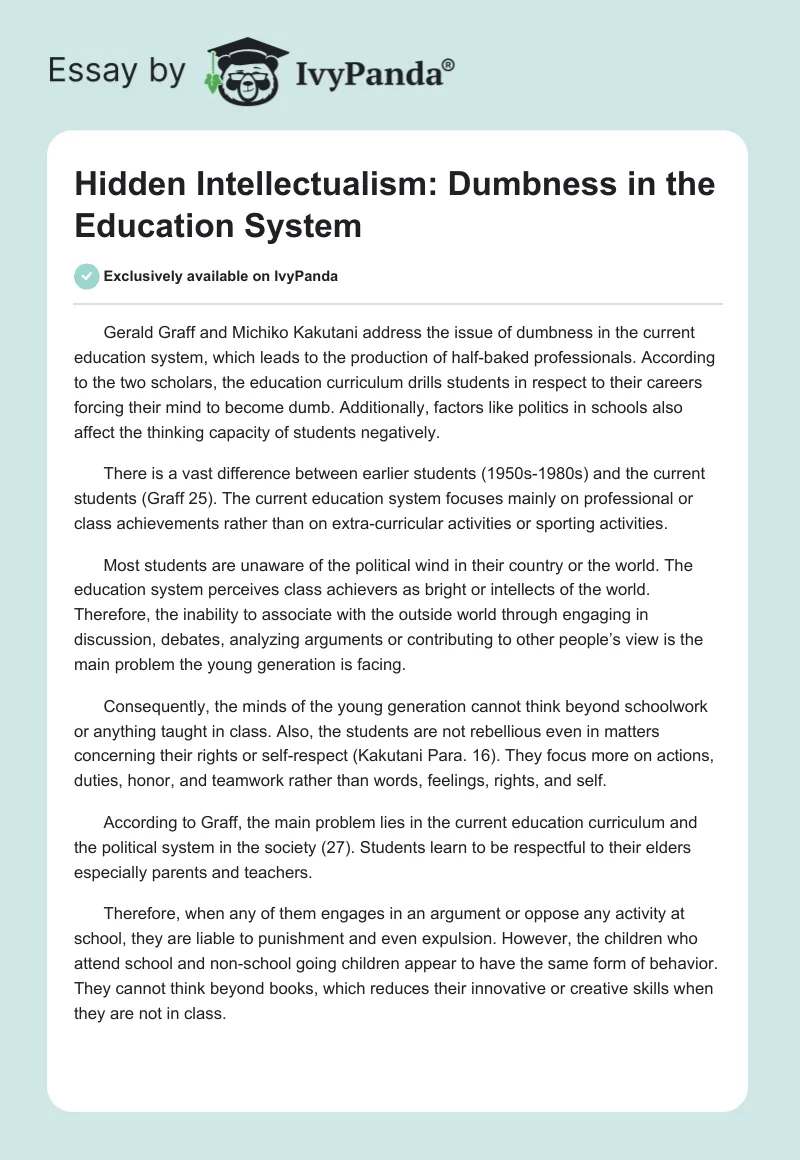 Hidden Intellectualism: Dumbness in the Education System. Page 1