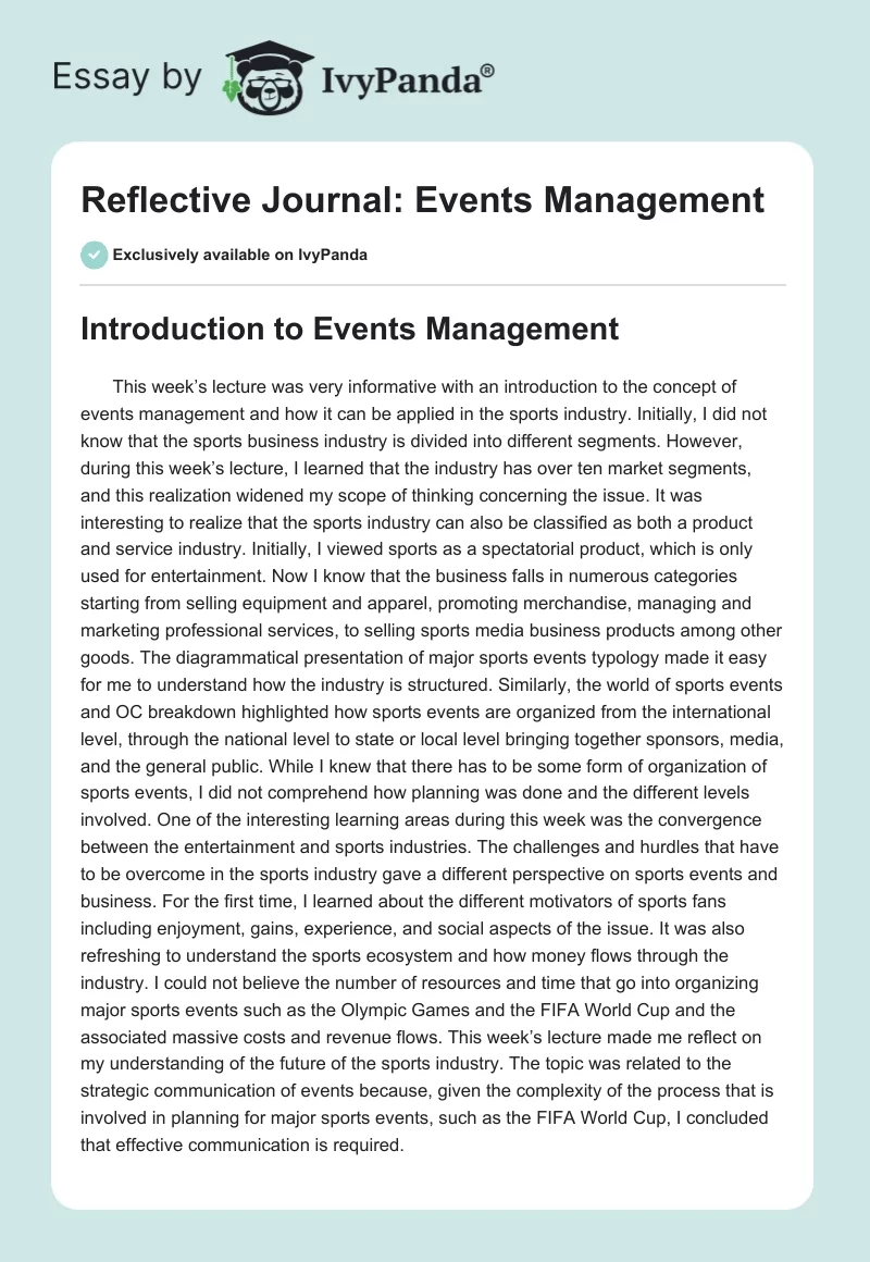 Reflective Journal: Events Management. Page 1