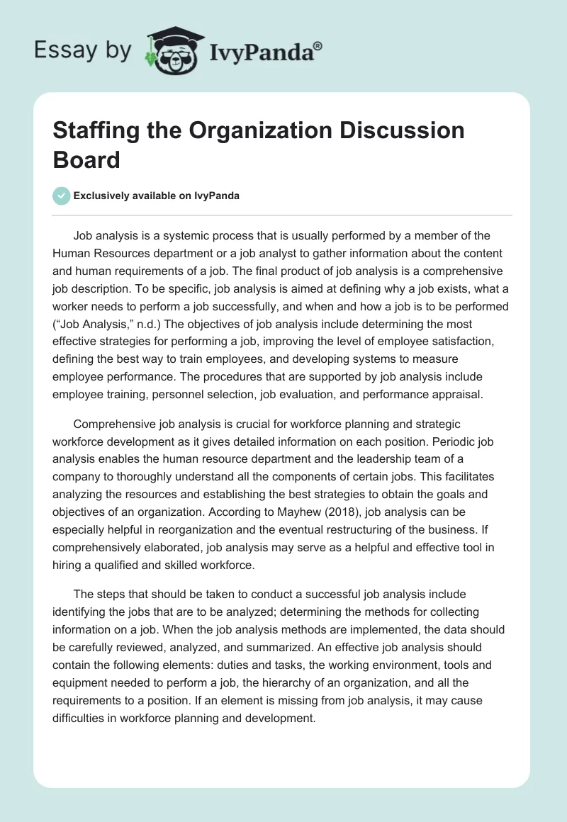 Staffing the Organization Discussion Board. Page 1