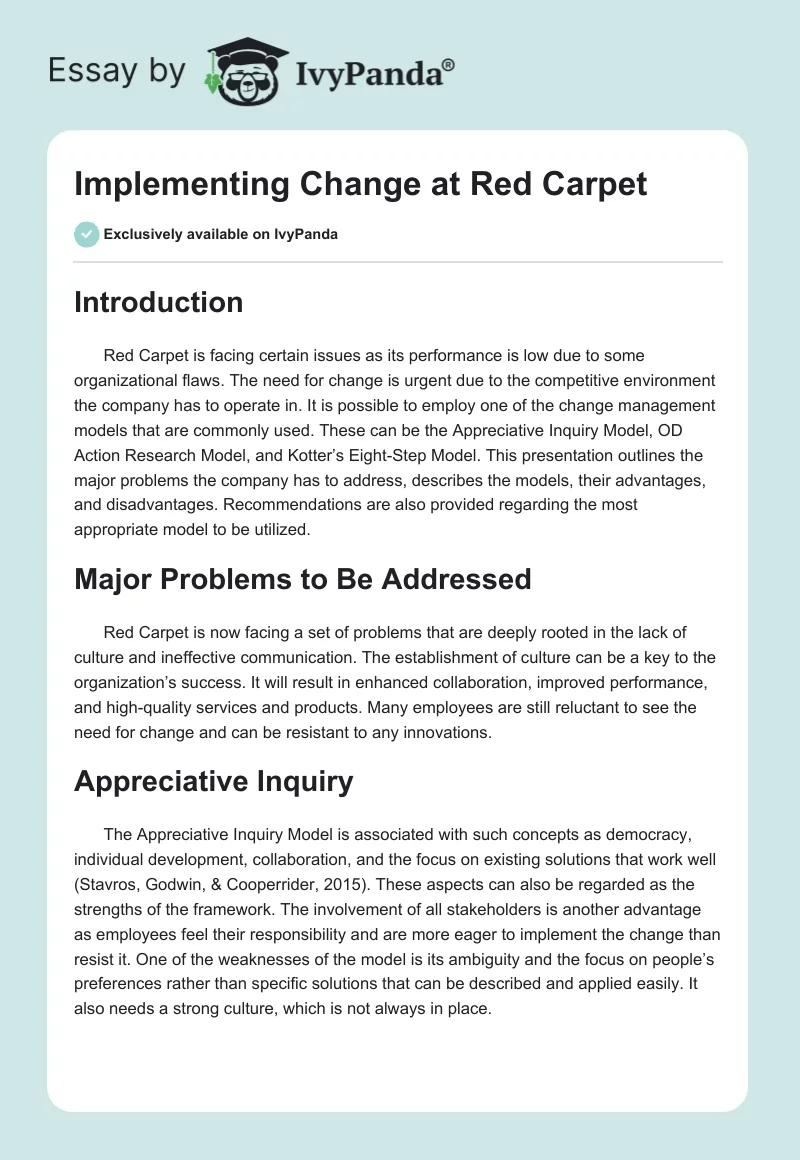 Implementing Change at Red Carpet. Page 1