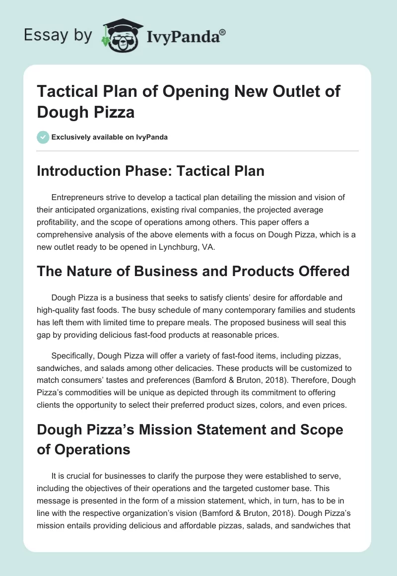 Tactical Plan of Opening New Outlet of Dough Pizza. Page 1