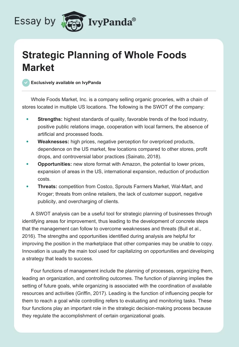 Strategic Planning of Whole Foods Market. Page 1