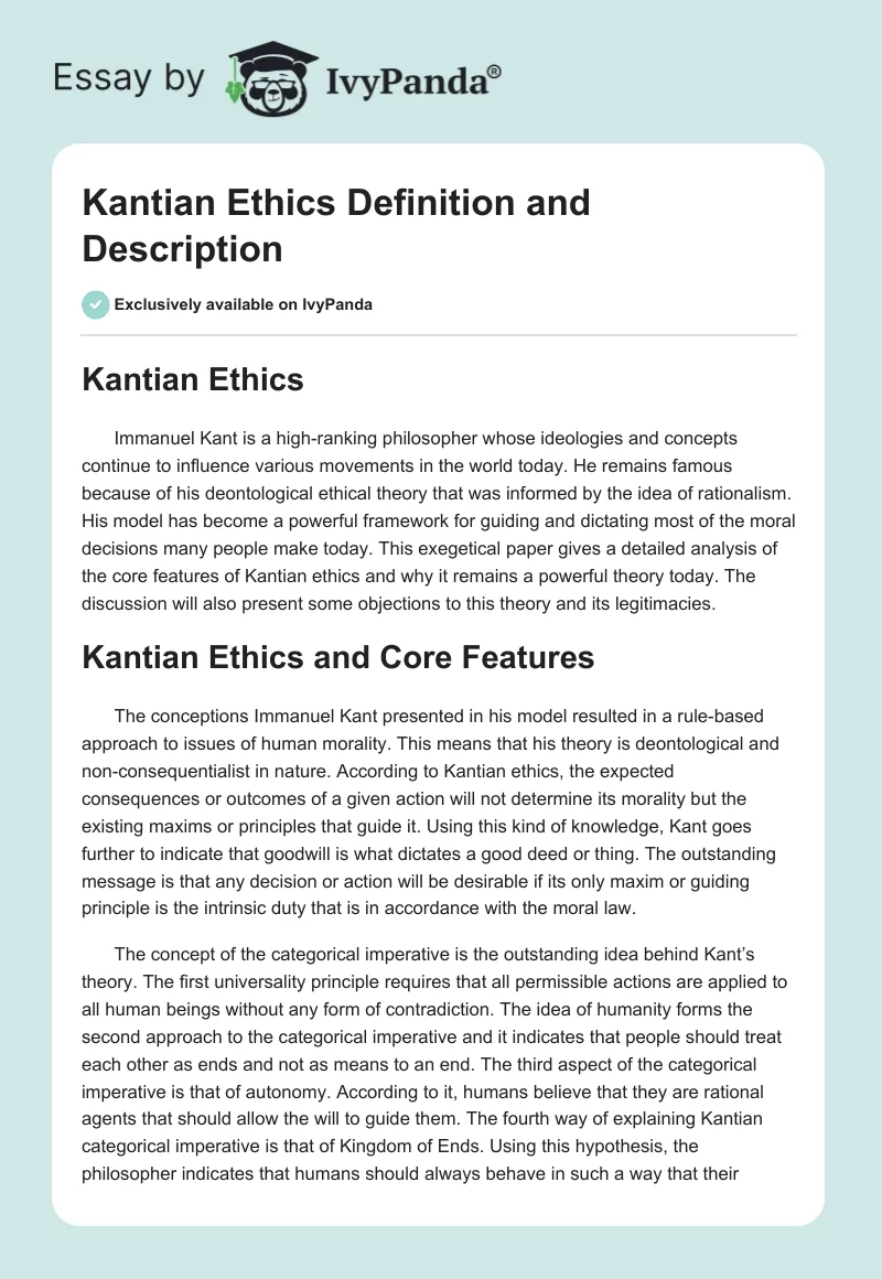 Kantian Ethics Definition and Description. Page 1