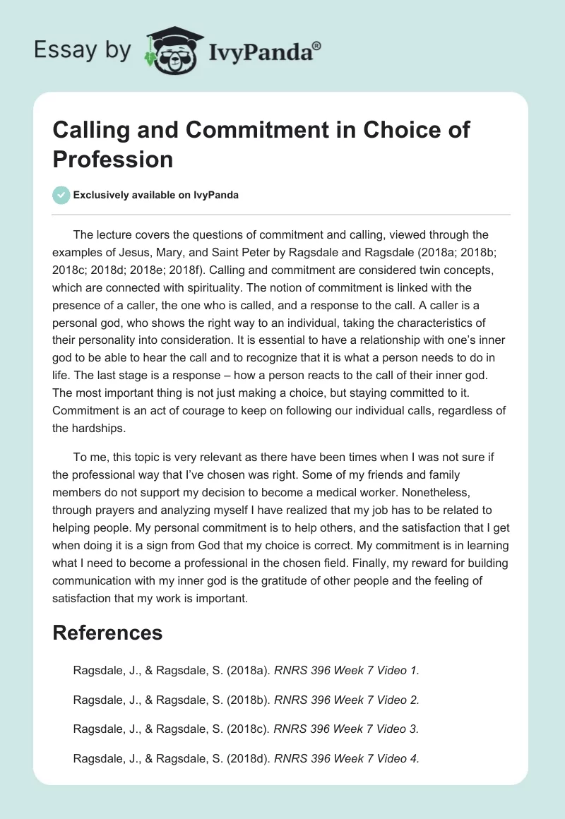 Calling and Commitment in Choice of Profession. Page 1