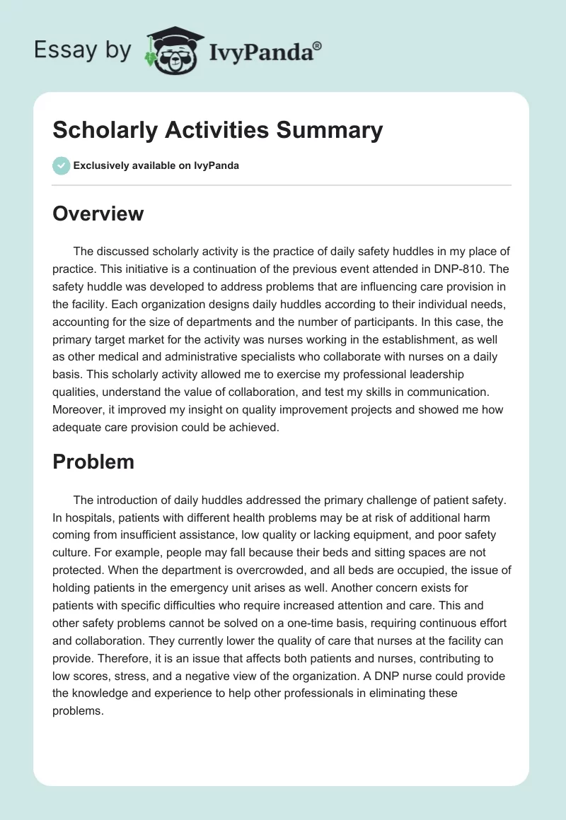 Scholarly Activities Summary. Page 1