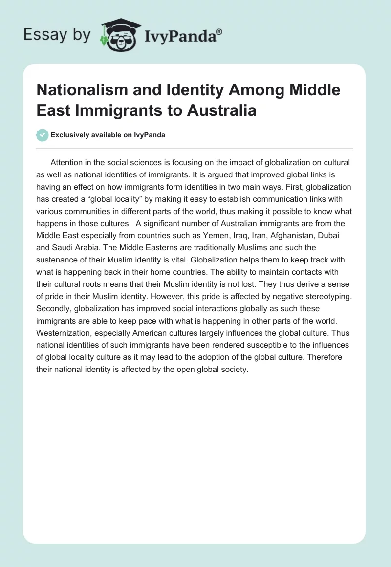 Nationalism and Identity Among Middle East Immigrants to Australia. Page 1