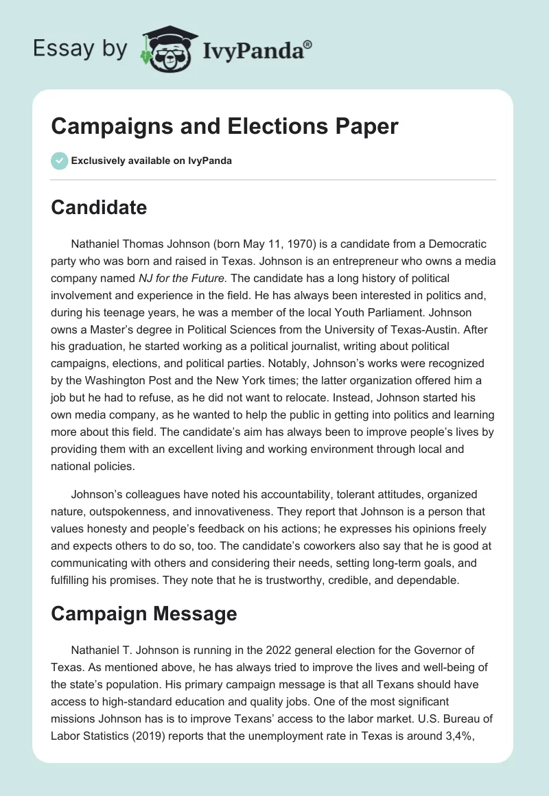 Campaigns and Elections Paper. Page 1