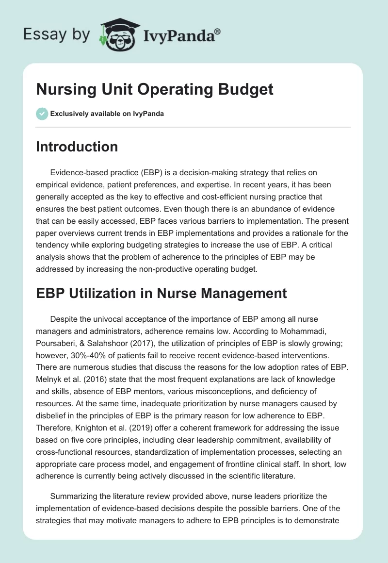 Nursing Unit Operating Budget. Page 1