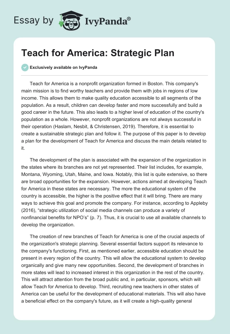 Teach for America: Strategic Plan. Page 1