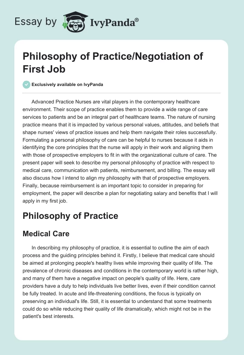 Philosophy of Practice/Negotiation of First Job. Page 1