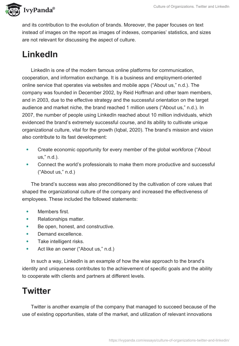 Culture of Organizations. Twitter and LinkedIn. Page 2