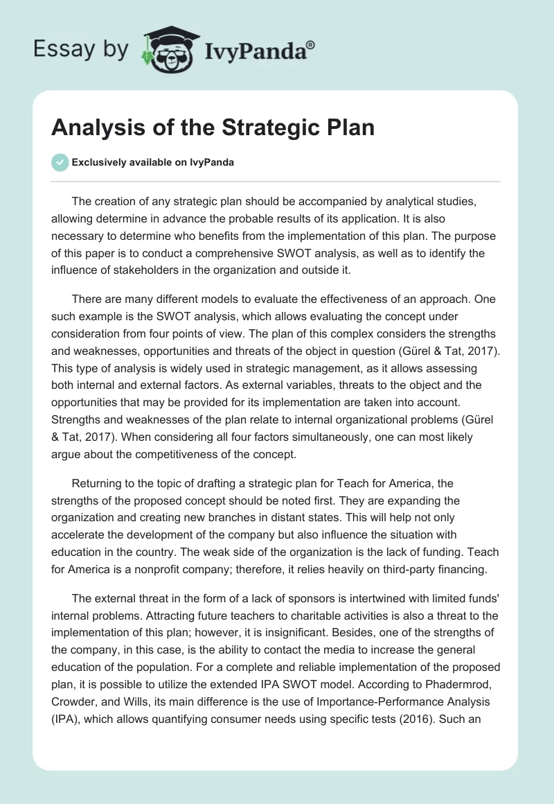 Analysis of the Strategic Plan. Page 1