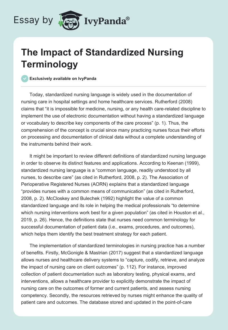 The Impact of Standardized Nursing Terminology. Page 1